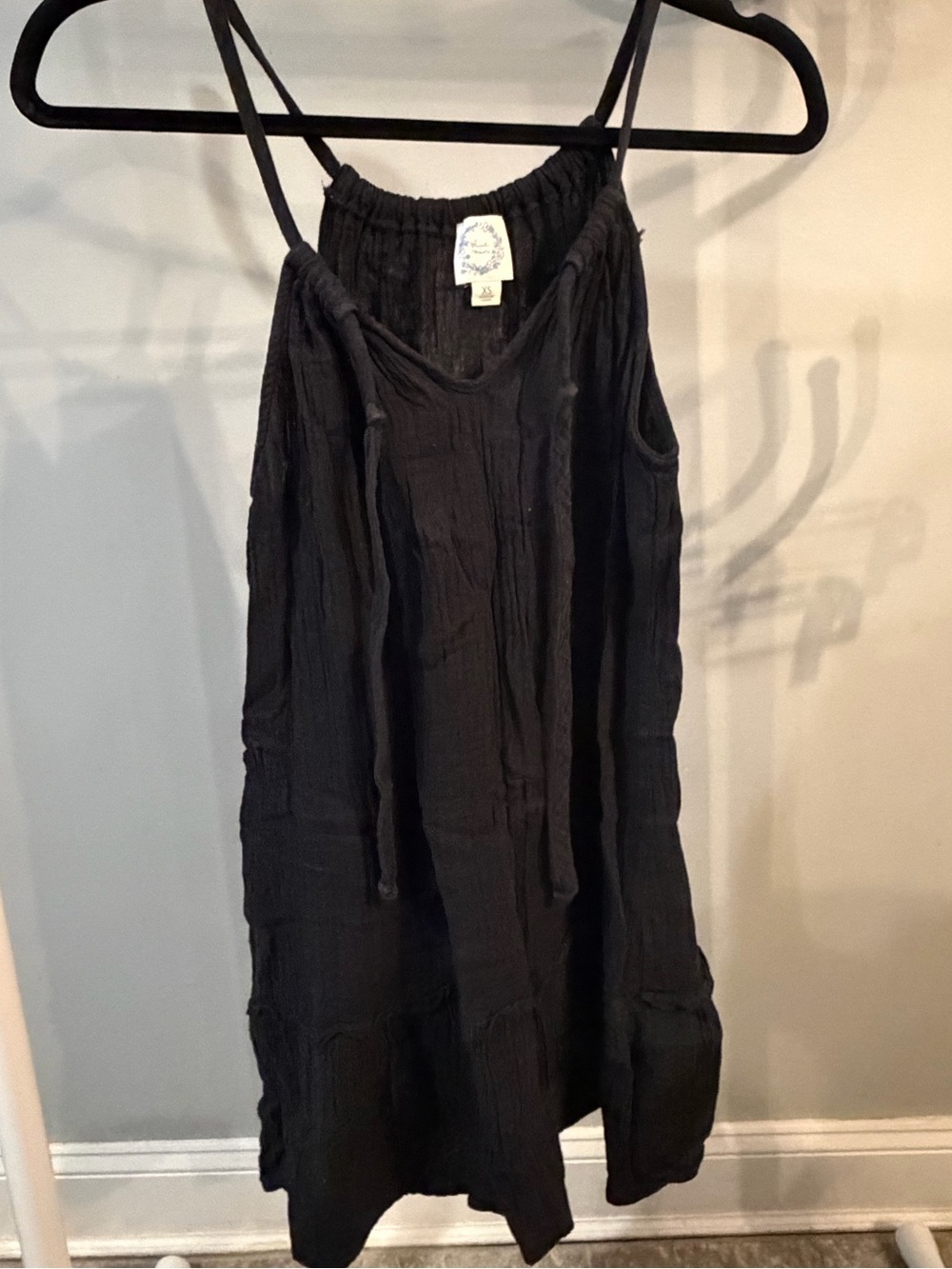 Blue Rain Black Gauze Mini Dress with Spaghetti Straps tie front size XS